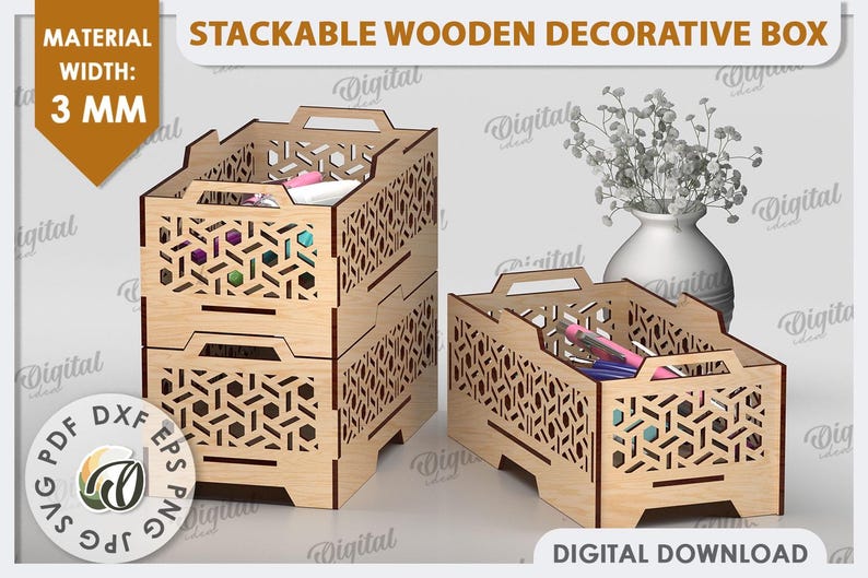 3D Stackable Decorative Wooden Boxes Bundle, Box Template Laser Cut ...
