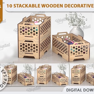 May include: Ten stackable wooden decorative boxes with a honeycomb pattern. The boxes are made of 3 mm thick wood and are available for digital download in PDF, DXF, SVG, PNG, and JPG formats.