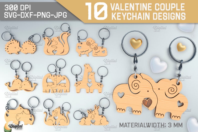 K&ouml;nnte beinhalten: Zehn Valentinstags-Schl&uuml;sselanh&auml;nger-Designs f&uuml;r Paare mit verschiedenen Tierpaaren, darunter eine Giraffe, ein Elefant und eine Katze. Die Schl&uuml;sselanh&auml;nger sind aus Holz und 3 mm dick. Die Designs sind perfekt f&uuml;r Paare, die ihre Liebe zueinander zeigen m&ouml;chten.