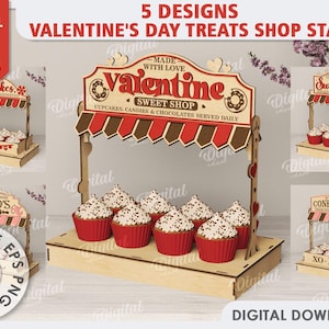 Op de afbeelding: Vijf Valentijnsdag-thema snoepwinkelstandaards, elk met een ander bord en ontwerp. De standaards zijn gemaakt van hout en zijn 3 mm dik. De borden zijn rood, wit en bruin met tekst die "Valentine Sweet Shop", "Sweet Treats", "Cupid's" en "Confectionery" zegt.