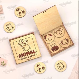 Jogo de memória infantil 3D com caixa, jogo de combinação de animais cortado a laser, jogo montessori infantil, cartões de animais fofos com caixa de suporte