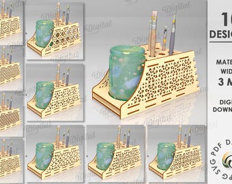 3D Paint brush holder bundle, wooden painter holder lasercut, 3D pencil holder, brush storage svg, organizer for painting, paintbrush stand
