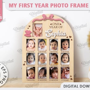 May include: A pink and brown wooden photo frame with 12 spaces for photos. The frame is shaped like an arch and has a bow at the top. The text "One Year of Sophia" is written on the frame.