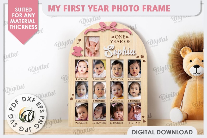 May include: A pink and brown wooden photo frame with 12 spaces for photos. The frame is shaped like an arch and has a bow at the top. The text "One Year of Sophia" is written on the frame.