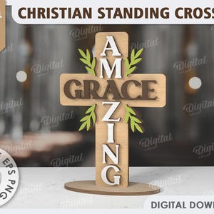 3D Christian standing cross, Amazing grace svg, cross stand laser cut, religious quotes, bible, wood layered cross, home decor, jesus