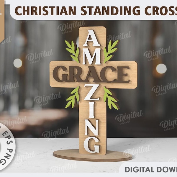 3D Christian standing cross, Amazing grace svg, cross stand laser cut, religious quotes, bible, wood layered cross, home decor, jesus