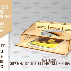 May include: A wooden desk organizer with a light brown finish. The organizer has a top shelf, a lower shelf, and a pencil holder. The organizer is 12.1 inches wide and 4.1 inches deep. The organizer is made of 4 mm thick wood.