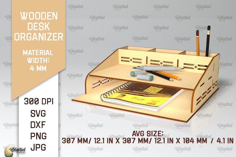 May include: A wooden desk organizer with a light brown finish. The organizer has a top shelf, a lower shelf, and a pencil holder. The organizer is 12.1 inches wide and 4.1 inches deep. The organizer is made of 4 mm thick wood.