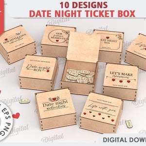 Paquete de cajas con boletos para una cita nocturna en 3D, actividades de citas personalizadas para el día de San Valentín cortadas con láser, ideas para parejas, citas de amor en formato svg, fichas para citas