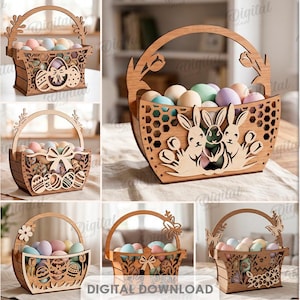 May include: A selection of ten wooden Easter basket designs, each filled with pastel-coloured eggs. The baskets feature intricate cut-out patterns of Easter eggs, bunnies, and floral designs. The material width is 3 mm. Digital download.