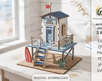 Casa de praia 3D, chalé costeiro cortado a laser, modelo de madeira para decoração de praia, peça decorativa de verão para prateleira, casa de praia em formato SVG