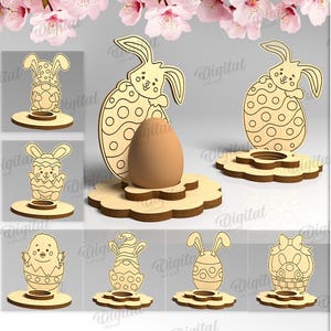 Easter single egg holders bundle, 3D easter egg stand laser cut, easter bunny egg holder SVG, cute engraved egg stand svg, easter gnome svg