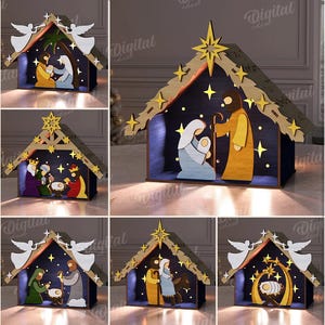 May include: A collection of ten wooden nativity scene designs. Each design features a house-shaped structure with a star on top, and various biblical figures inside. The material width is 3 mm. Digital download.