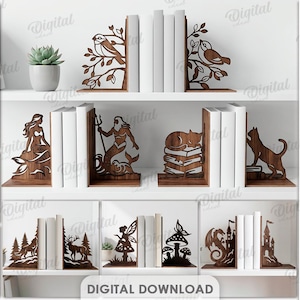 Ensemble de fichiers SVG pour serre-livres, fichiers de découpe laser pour Glowforge et CNC, décoration d'étagère SVG, modèle de support de livre en bois, bibliothèque, cadeau pour amoureux des livres
