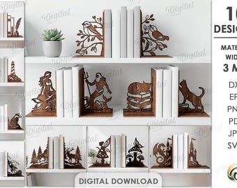 Pacote com 10 arquivos SVG para suporte de livros, corte a laser para Glowforge e CNC, decoração de estante, modelo de suporte de livros de madeira, biblioteca, presente para amantes de livros