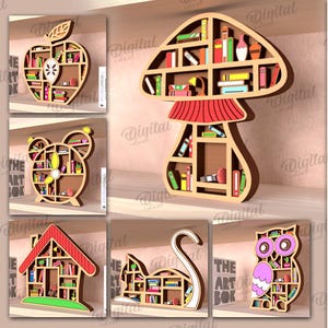 Pode incluir: Dez designs diferentes para uma estante de livros com a forma de vários objetos, incluindo um cogumelo, uma maçã, uma baleia, um relógio, um caracol, uma casa, um gato, uma coruja, uma borboleta e um coelho. Cada estante é feita de madeira e tem prateleiras para livros. O texto "The Art Book" é visível na imagem.