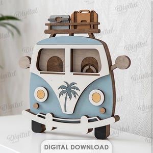 May include: A layered wooden van cutout featuring a light blue and white body, a palm tree graphic on the front, and a roof rack carrying two suitcases. The design includes circular headlights, side mirrors, and a front bumper, with text indicating recommended material from 6mm.