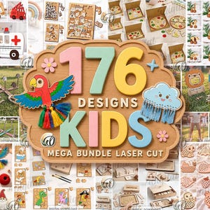 Puede incluir: Un collage digital que muestra 176 diseños de corte láser para niños, incluyendo juguetes de madera, rompecabezas, juegos y artículos decorativos. El texto central dice 176+ DESIGNS KIDS MEGA BUNDLE LASER CUT, rodeado de iconos coloridos.