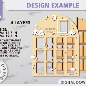 May include: A digital download design for a four-layer wooden baby's first year photo frame. The frame is shaped like an arch and features a cutout of a sleeping baby bear, stars, and clouds. The frame has 12 spaces for photos, with labels for each month and a space for a newborn photo. The frame measures 14.7 inches by 19.5 inches.