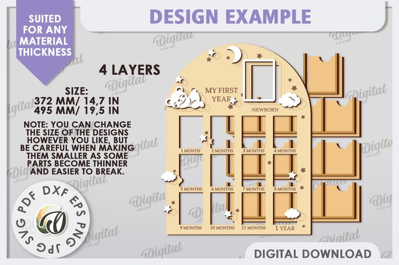 May include: A digital download design for a four-layer wooden baby's first year photo frame. The frame is shaped like an arch and features a cutout of a sleeping baby bear, stars, and clouds. The frame has 12 spaces for photos, with labels for each month and a space for a newborn photo. The frame measures 14.7 inches by 19.5 inches.