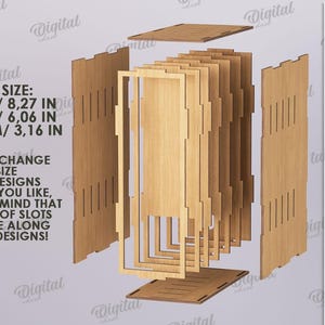 May include: An exploded view of a wooden box design, showcasing individual components. The average size is 8.27 inches (210 mm) x 6.06 inches (154 mm) x 3.16 inches (80.26 mm). The material width is 3 mm. Digital download available.