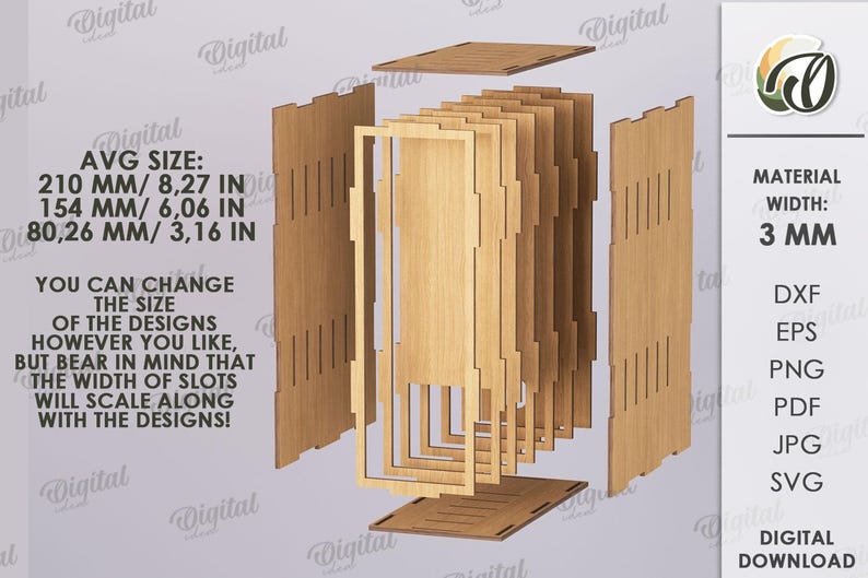 May include: An exploded view of a wooden box design, showcasing individual components. The average size is 8.27 inches (210 mm) x 6.06 inches (154 mm) x 3.16 inches (80.26 mm). The material width is 3 mm. Digital download available.