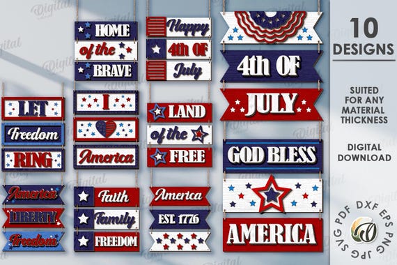 3D 4th of July wall decors bundle, Independence day sign laser cut, 4th of july quotes svg, welcome sign, wall hanger, wooden wall sign
