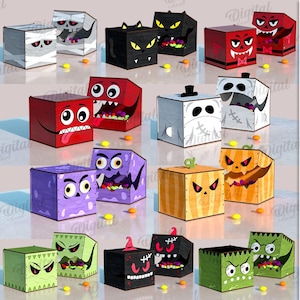 K&ouml;nnte beinhalten: Eine Sammlung von zehn Halloween-Box-Designs, jedes mit einem einzigartigen Monstergesicht. Die Boxen sind in verschiedenen Farben, darunter Rot, Schwarz und Gr&uuml;n, und sind mit cartoonartigen Ausdr&uuml;cken verziert. Die Materialbreite betr&auml;gt 3 mm. Digitaler Download.