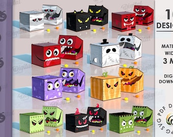 Halloween gift boxes bundle, monster candy holder laser cut, spooky storage box, box with lid svg, zombie, jack o lantern, ghost