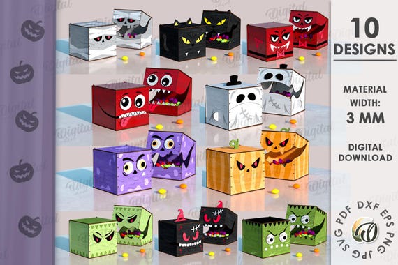 3D Halloween gift boxes bundle, monster candy holder laser cut, spooky storage box, box with lid svg, zombie, jack o lantern, ghost