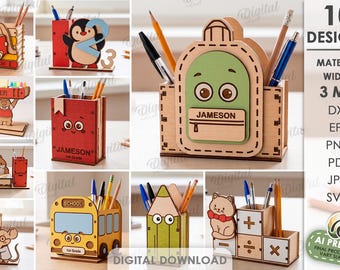 School Desk Organizers Bundle, Pencil Holder Laser Cut Files, Personalized Desk Caddy, Back to School SVG, Teacher Gift, Cute Animals