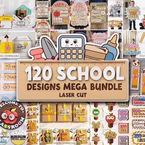 Pode incluir: Uma coleção digital de 120 designs de corte a laser com tema escolar, incluindo réguas, lápis, maçãs, calculadoras e gráficos de ônibus escolares. O pacote inclui vários sinais, marcadores e decorações de sala de aula com o texto 120 SCHOOL DESIGNS MEGA BUNDLE.