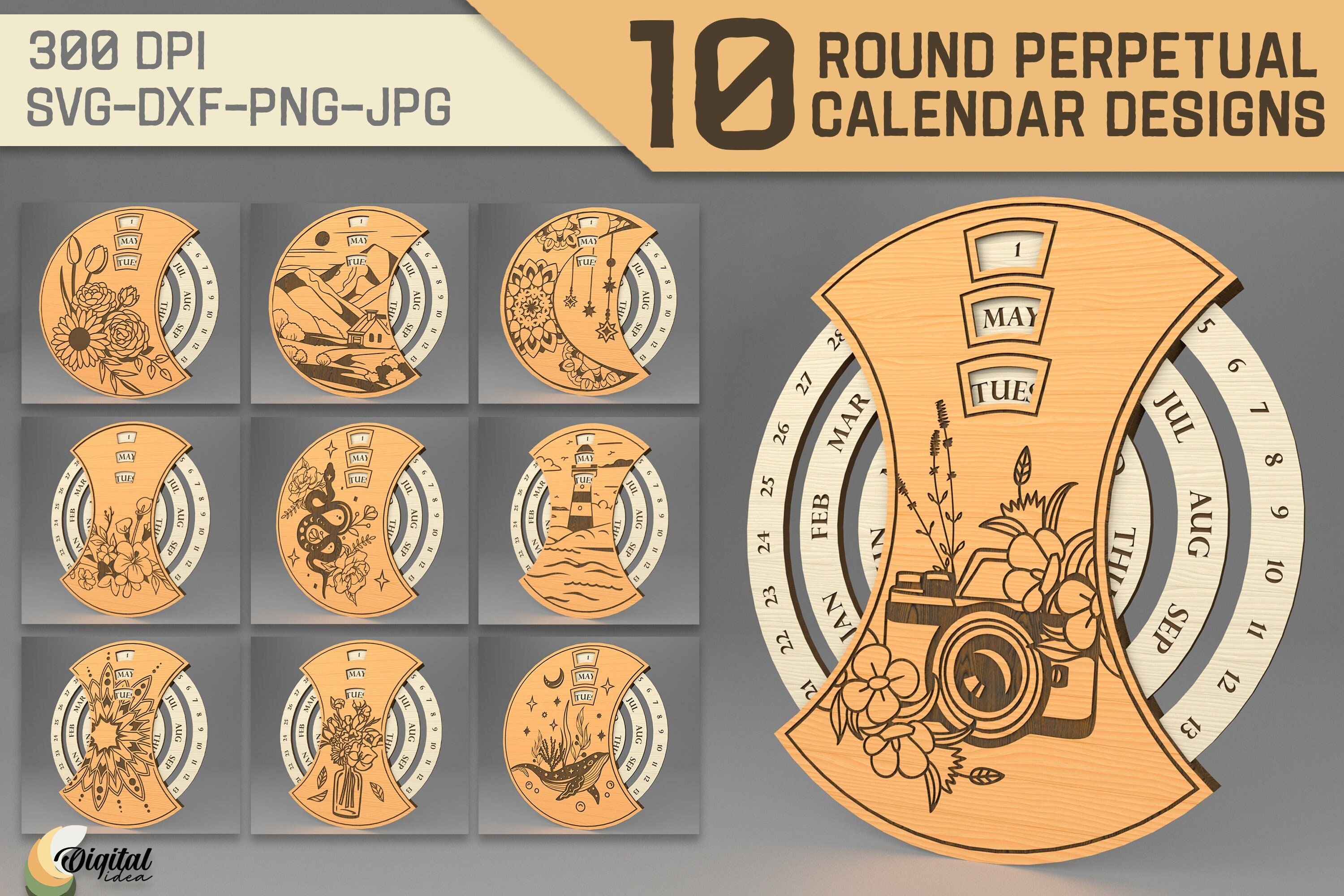 Rundes ewiges Kalender Bundle, 3D Kalender Lasercut, ewiger Kalender Glowforge, Holzkalender, Boho Gravuren, Landschaft SVG Laserschnitt