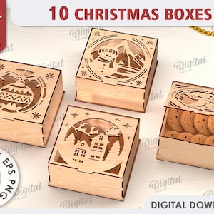 3D Weihnachtsboxen bündeln, Geschenkbox Laserschnittdateien, Kekshalter, Weihnachtsgeschenkaufbewahrung svg, hölzerne Weihnachtsszene, dekorative Schachteln svg