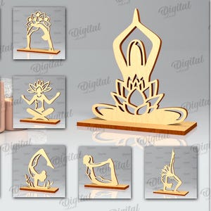 Puede incluir: Quince diseños digitales de poses de yoga, cada uno con un ancho de material de 3 mm. Los diseños son adecuados para corte por láser y presentan una variedad de poses, incluyendo perro boca abajo, guerrero uno y árbol.