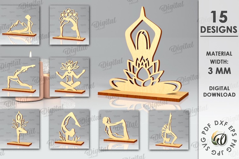 Peut inclure: Quinze designs num&eacute;riques de poses de yoga, chacun avec une &eacute;paisseur de mat&eacute;riau de 3 mm. Les designs sont adapt&eacute;s &agrave; la d&eacute;coupe au laser et pr&eacute;sentent une vari&eacute;t&eacute; de poses, notamment le chien t&ecirc;te en bas, le guerrier un et l'arbre.