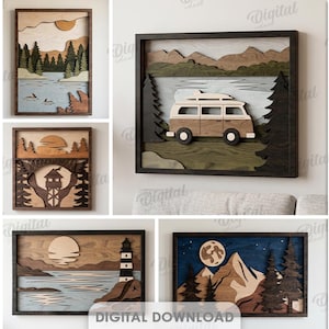 Conjunto de arte de parede em camadas 3D com tema da natureza, placa de parede em camadas cortada a laser, camping, cena da natureza em SVG, decoração de parede em madeira, paisagem florestal, mar.