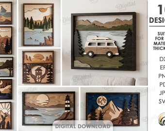 3D Nature layered wall art bundle, layered wall sign laser cut, camping, nature scene svg, wooden wall decor, forest landscape, sea