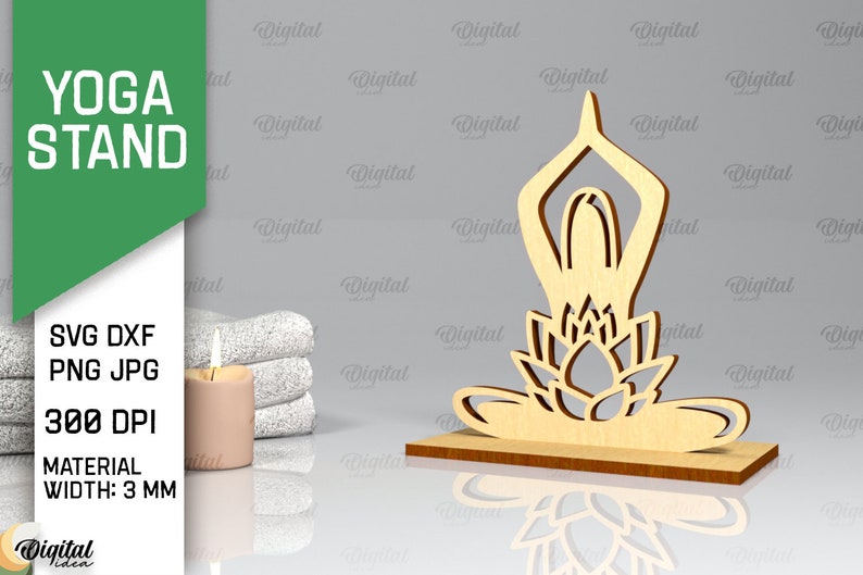 Peut inclure: Un support de yoga en bois avec une d&eacute;coupe repr&eacute;sentant une personne en position de yoga assise sur une fleur de lotus. Le support a une &eacute;paisseur de 3 mm et convient &agrave; la d&eacute;coupe au laser.
