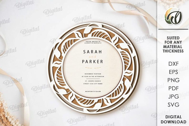 May include: A circular laser-cut wedding invitation with the names "SARAH and PARKER". The invitation includes event details and a decorative border. Suitable for any material thickness. Digital download available.