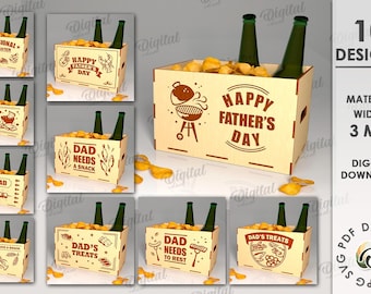 3D houten traktatiedoos bundel, vaderdag bier- en snackhouder lasercut, vaderdagcitaten svg, draagbare bierfles en snackdoos svg