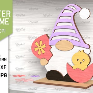 3D Easter gnome and chick, 3D gnome svg laser cut, spring gnome, easter egg svg, shelf sitter, cute easter gnome stand svg, gnome sign svg