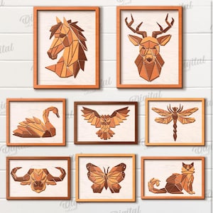 3D Geometric animals wall art bundle, minimalist sign laser cut, boho polygon home decor, wooden  wall sign, animals wall hanger, nature svg