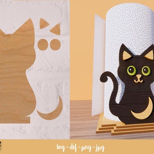 Gato preto 3D, porta-toalhas de papel cortado a laser, porta-rolo de cozinha 3D, corte a laser em camadas, cozinha Glowforge SVG, decoração de cozinha, gato fofo svg