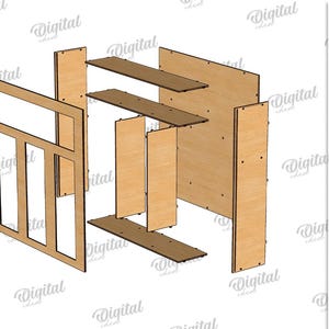 May include: A 3D model of a wooden shelf unit with multiple shelves and compartments. The unit is made of 3 mm thick plywood and is designed to be assembled. The model is shown in a disassembled state, with all the pieces laid out flat.