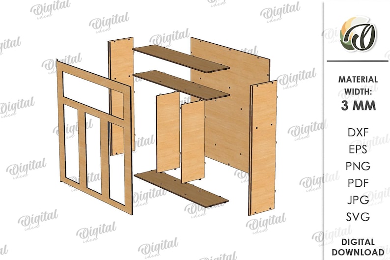 May include: A 3D model of a wooden shelf unit with multiple shelves and compartments. The unit is made of 3 mm thick plywood and is designed to be assembled. The model is shown in a disassembled state, with all the pieces laid out flat.
