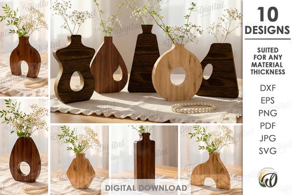 3D Flower vases bundle, decorative vase laser cut files, modern flower holder svg, wooden home decor, minimalist, bouquet vase
