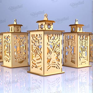 Puede incluir: Conjunto de 10 diseños de linternas de Pascua cortadas con láser, cada una con un motivo diferente de conejo y huevo. Las linternas están hechas de madera de 3 mm de grosor y están listas para ensamblarse.