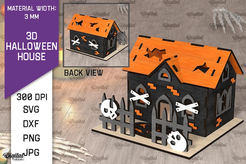 K&ouml;nnte beinhalten: Ein 3D-Halloweenhausmodell mit orangefarbenem Dach und schwarzen W&auml;nden, mit ausgeschnittenen Sternen und Flederm&auml;usen. Das Haus hat einen Zaun mit Totenkopf und gekreuzten Knochen. Der Text lautet "3D Halloween House".