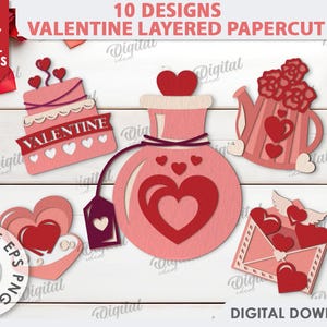 Paquete de recortes de papel en capas para el día de San Valentín, recortes de papel en capas en 3D, lindo auto de San Valentín, citas de amor svg, corazón de papel, boda, carta, teléfono